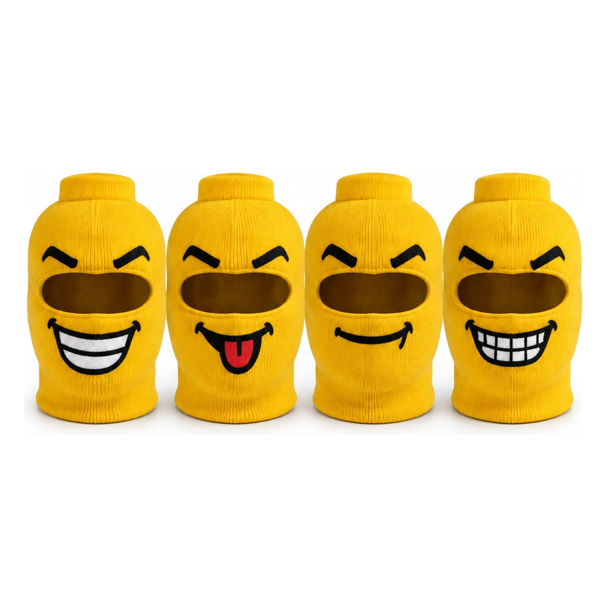 All four BUCK GRIN balaclava faces: Grin, Tongue Out, Cheeky and Big Teeth