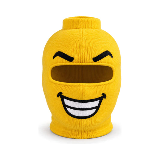 BUCK GRIN yellow knit hunting balaclava with embroidered Grin face
